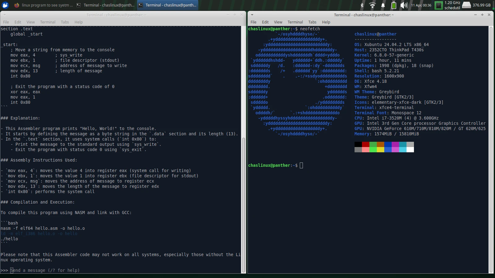 Running Ollama Artificial Intelligence on a Lenovo ThinkPad T430s under Xubuntu Linux