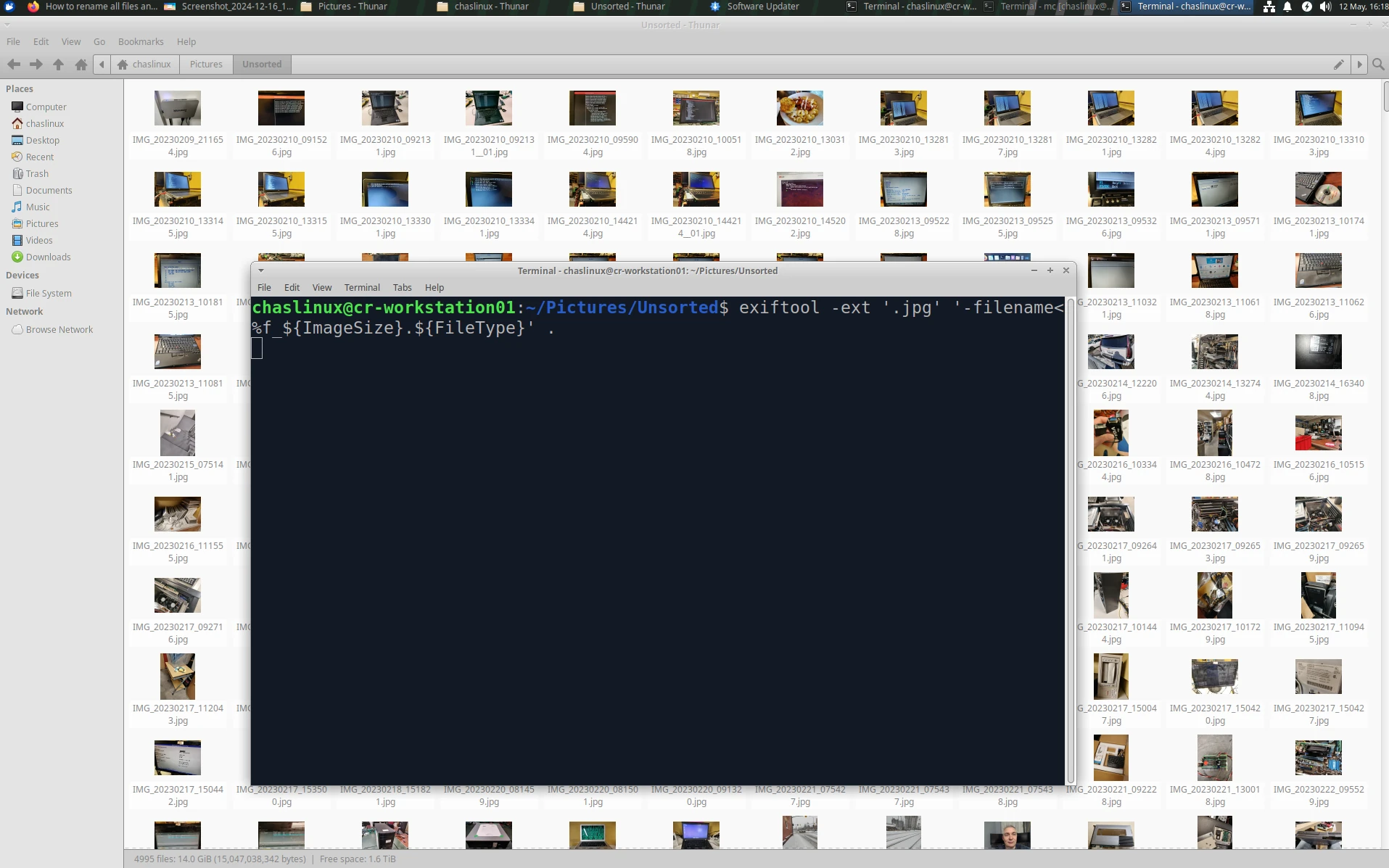 Thunar file manager and a terminal running exiftool